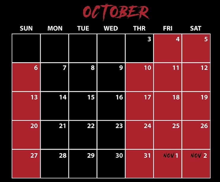 SeaWorld San Diego Howl-O-Scream October and November 2024 Calendar