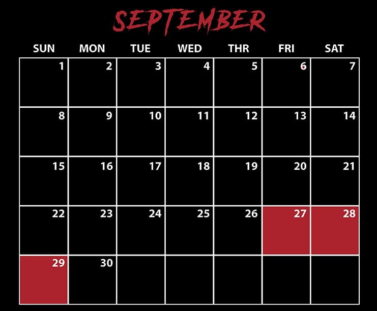 SeaWorld San Diego Howl-O-Scream September 2024 Calendar