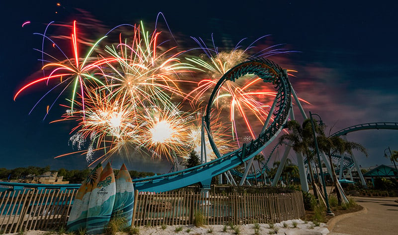 Fireworks over SeaWorld Orlando Pipeline roller coaster