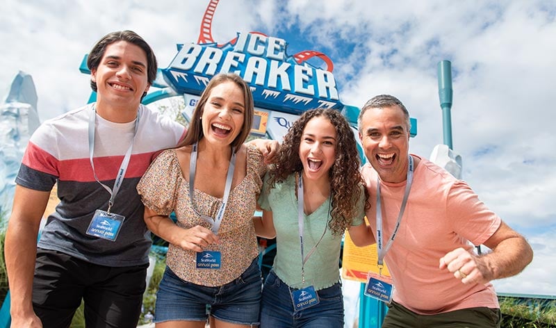 SeaWorld Pass Members in front of Ice Breaker roller coaster entrance