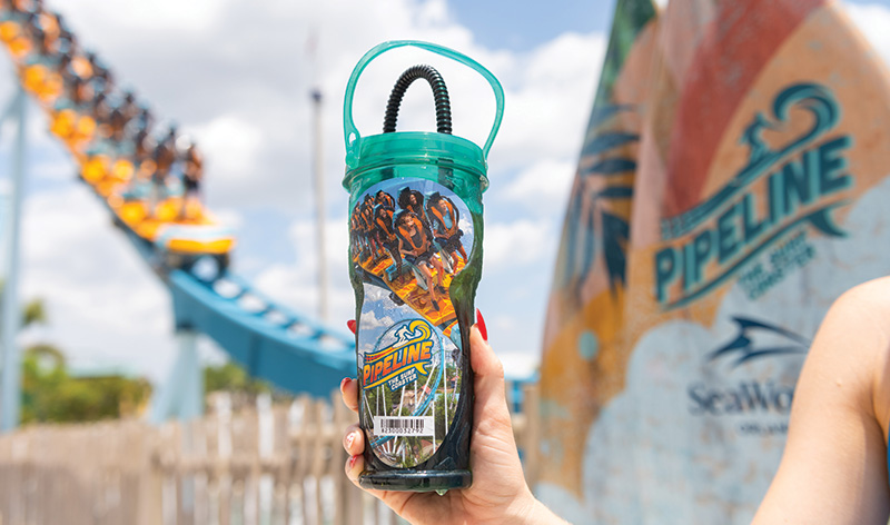 Refillable Souvenir Cup in front of Pipeline Surf Coaster at SeaWorld Orlando