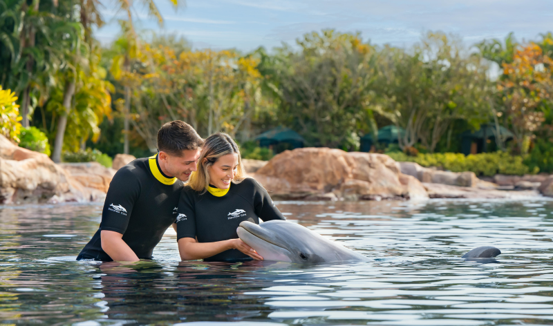 Two people with dolphin