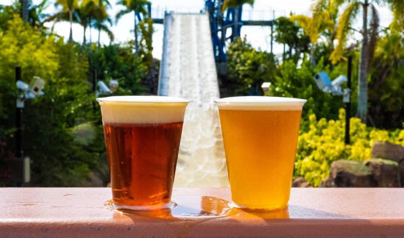 Two beers in front of a water ride