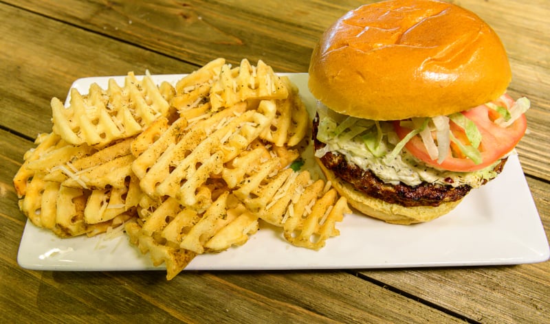 Burger and waffle fries