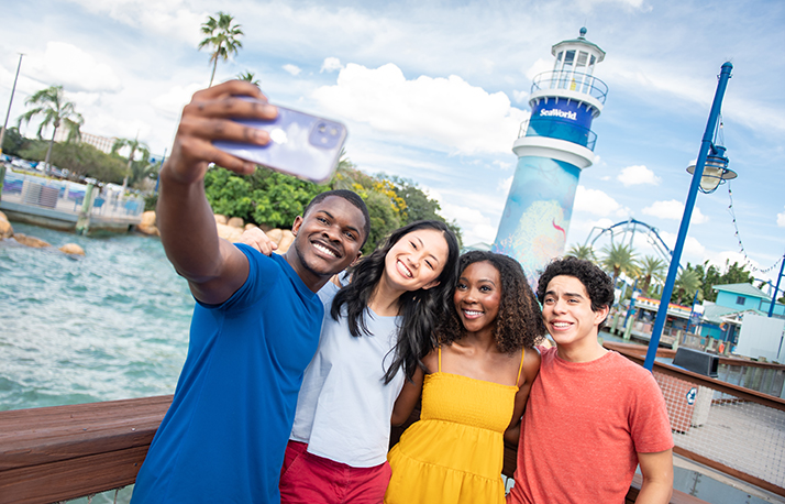 Group selfie at SeaWorld Orlando entrance