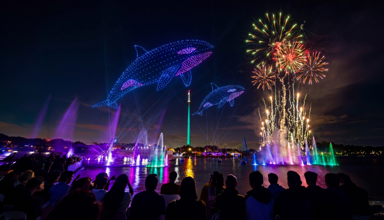 Whale themed drone show and fireworks