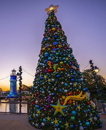 Christmas tree at SeaWorld Orlando entrance