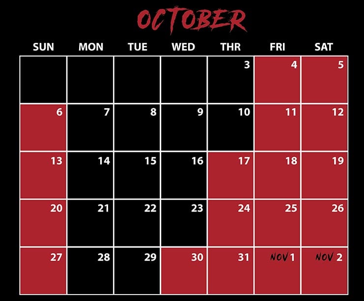 SeaWorld Orlando Howl-O-Scream October 2024 Calendar
