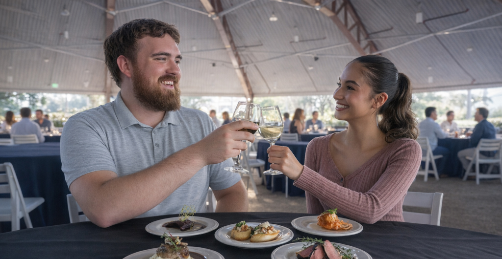 Couple eating food at a table