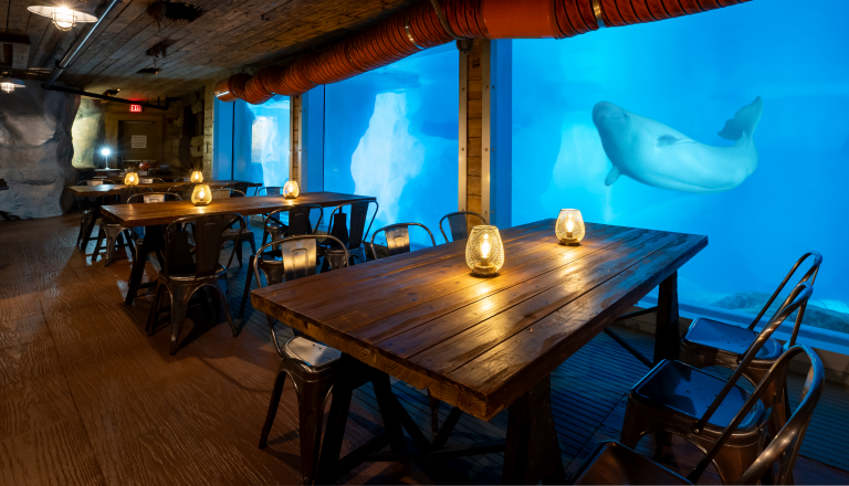 Aquarium event space with tables