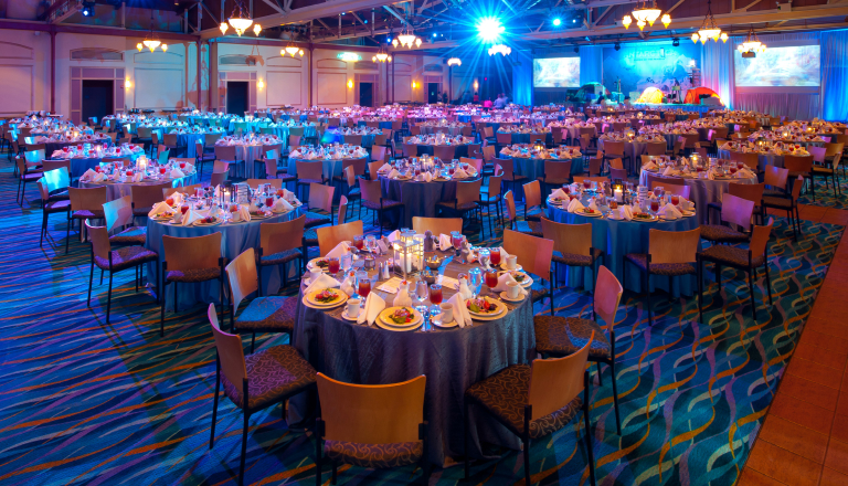 Indoor event space with round tables