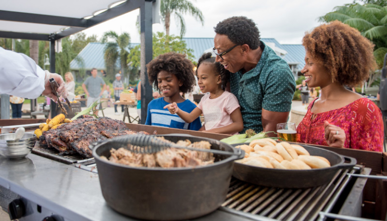 A family at an outdoor buffet