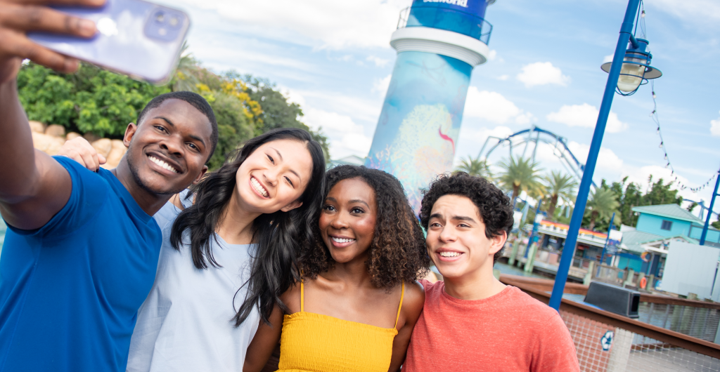 Four friends taking a selfie at SeaWorld Orlando