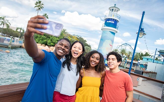 Group selfie at SeaWorld Orlando lighthouse entrance