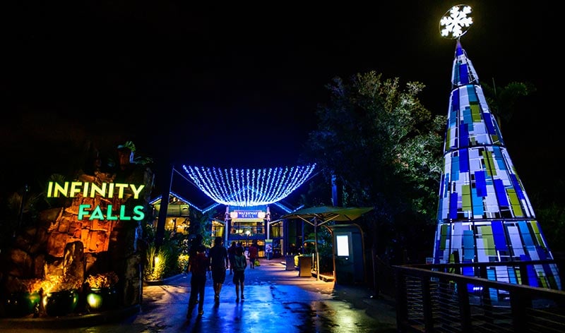 Infinity Falls entrance during SeaWorld Christmas Celebration