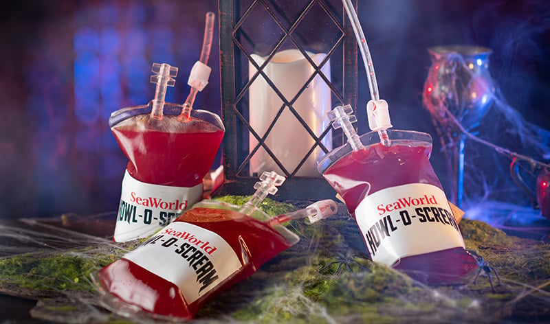 Howl-O-Scream blood bag themed beverages