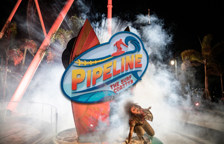 Zombie in front of the Pipeline roller coaster at SeaWorld Orlando