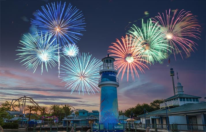 Fireworks above SeaWorld Orlando entrance