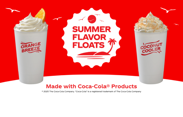 Two soda floats with the text Summer Flavor Floats made with coca-cola products