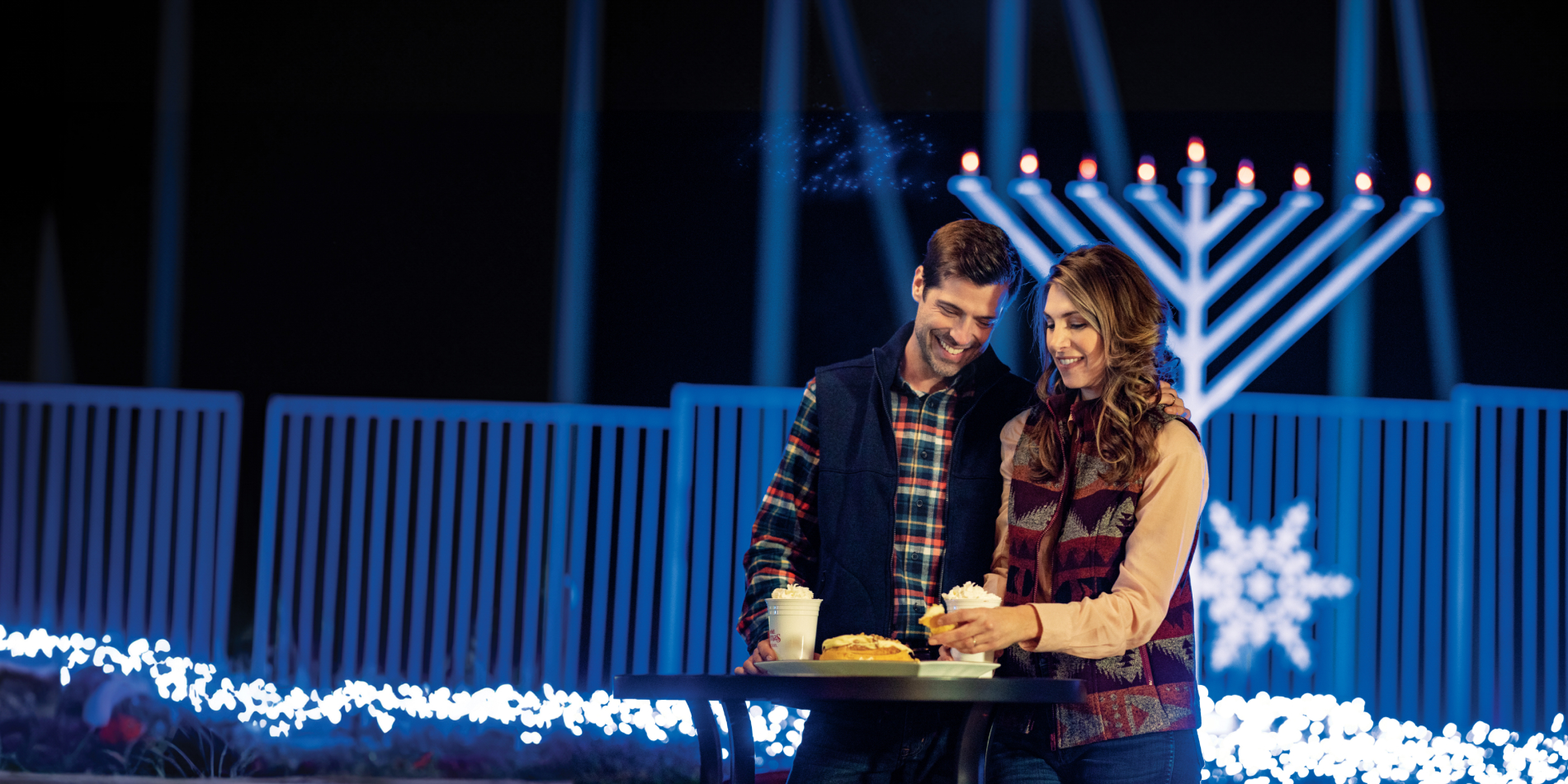 Menorah lights shining at SeaWorld San Antonio this holiday season.