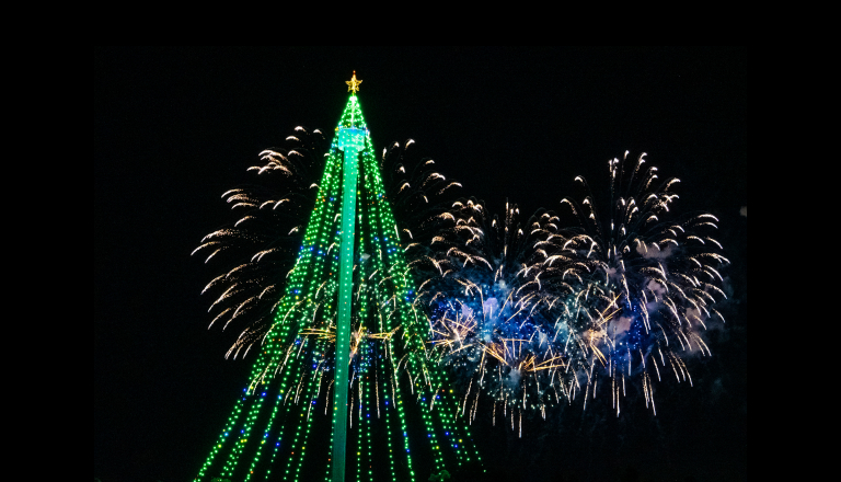 Lit up Christmas tree with fireworks in the background