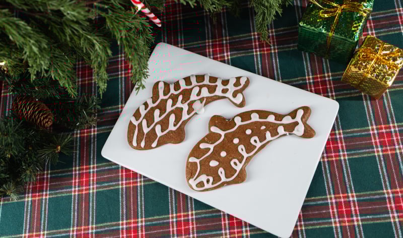 Two whale gingerbread cookies
