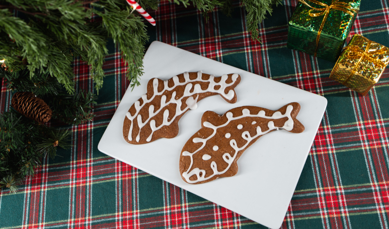 Two whale gingerbread cookies