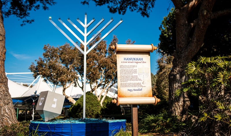 A large Hanukkah menorah and dreidel at SeaWorld San Diego
