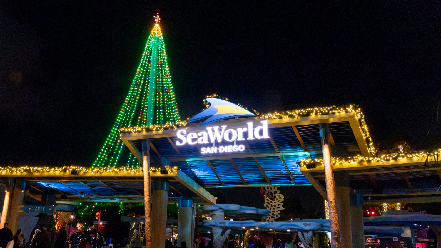 SeaWorld San Diego park entrance with Christmas lights