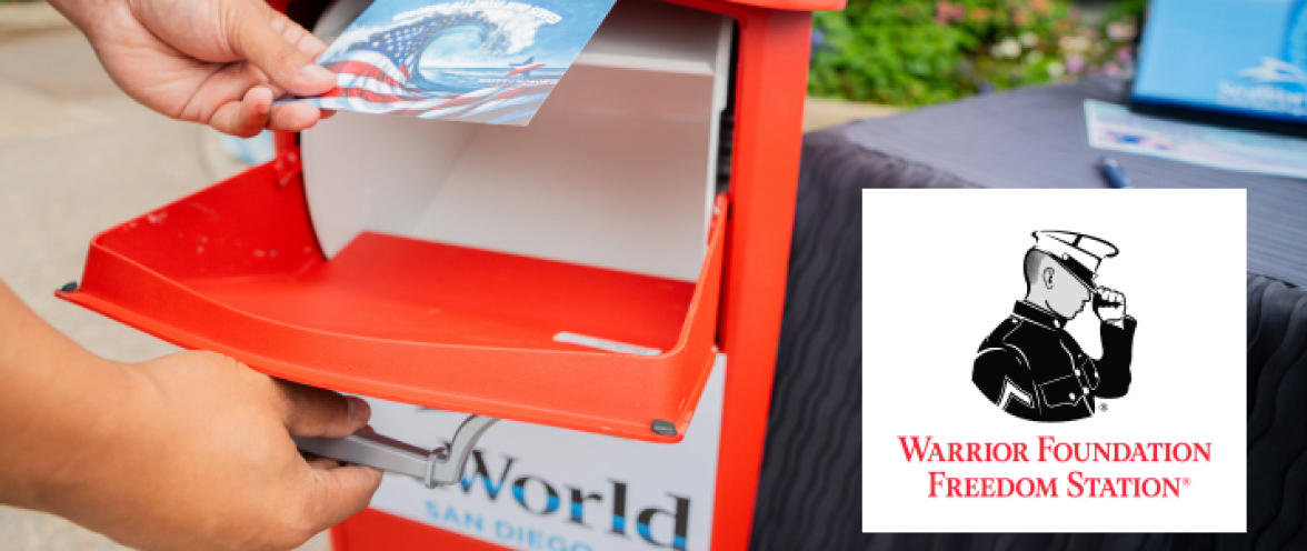 Warrior Foundation Freedom Station logo on top of a person putting a letter in a mailbox
