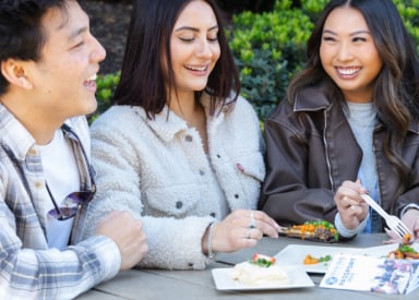 Four adults eating food at a table