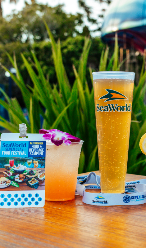 Flight of colorful drinks with SeaWorld San Diego food sampler lanyards