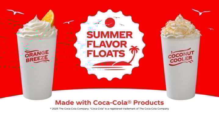 Two soda floats with the text Summer Flavor Floats made with coca-cola products
