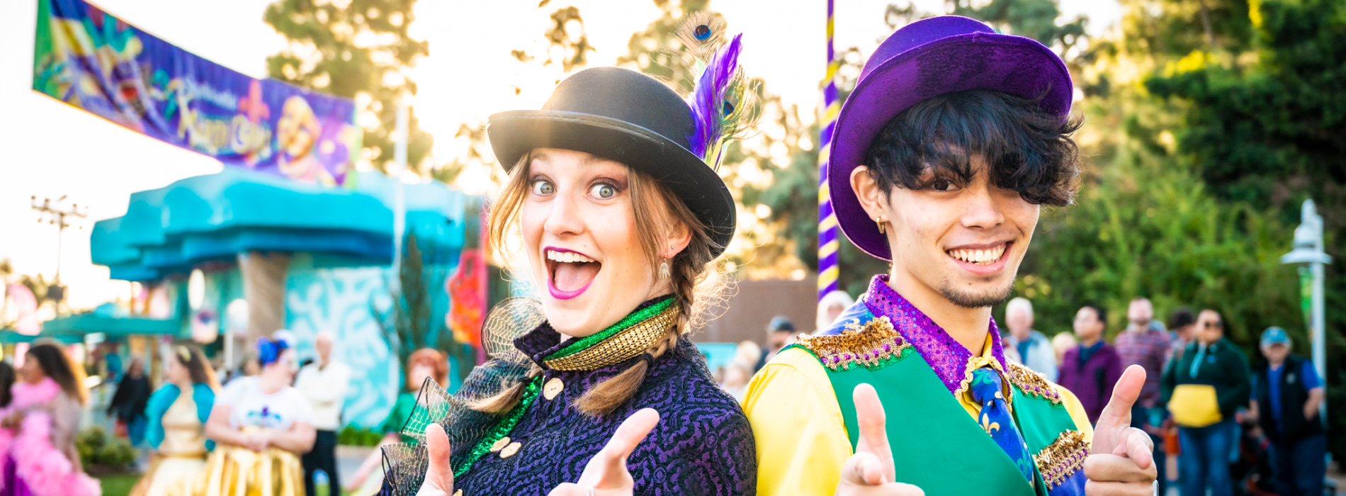 Two Mardi Gras performers at SeaWorld San Diego