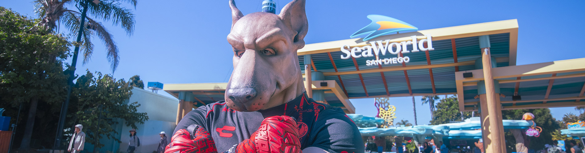 Club Tijuana Mascot in front of SeaWorld entrance
