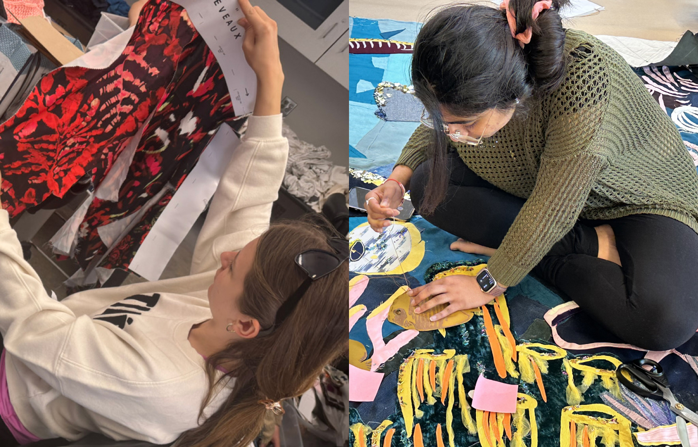 Two teens making fabric fish art