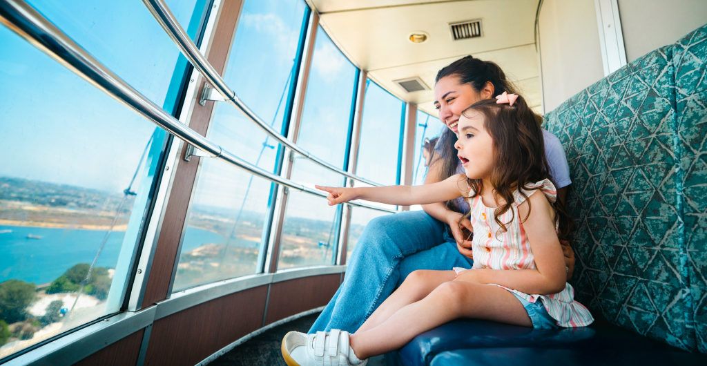 Child and adult looking out of an observation deck