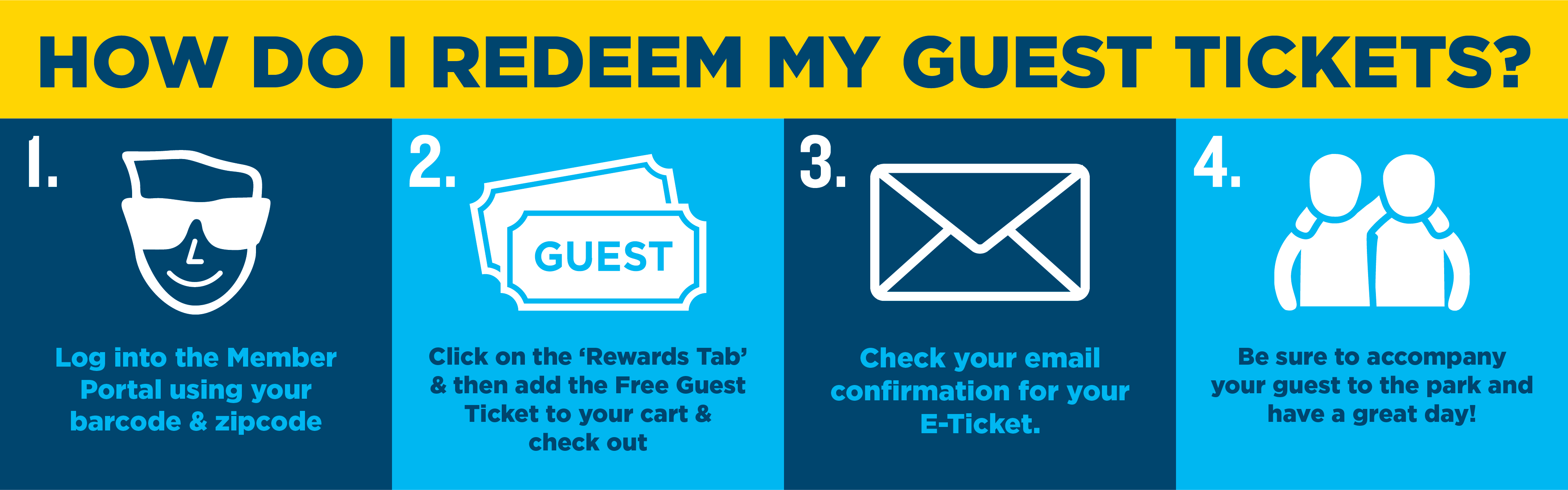 Log in to the Member Portal and Navigate to the Discount Tab to redeem your free guest tickets